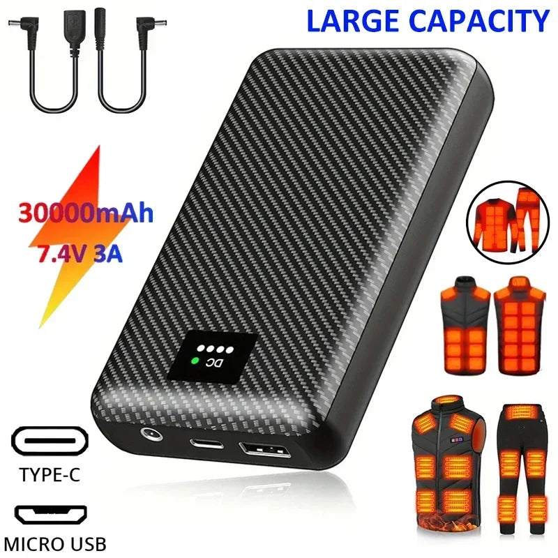 Black carbon fibre-style 30,000mAh power bank with LED status display, USB/DC ports, and heated clothing accessories.