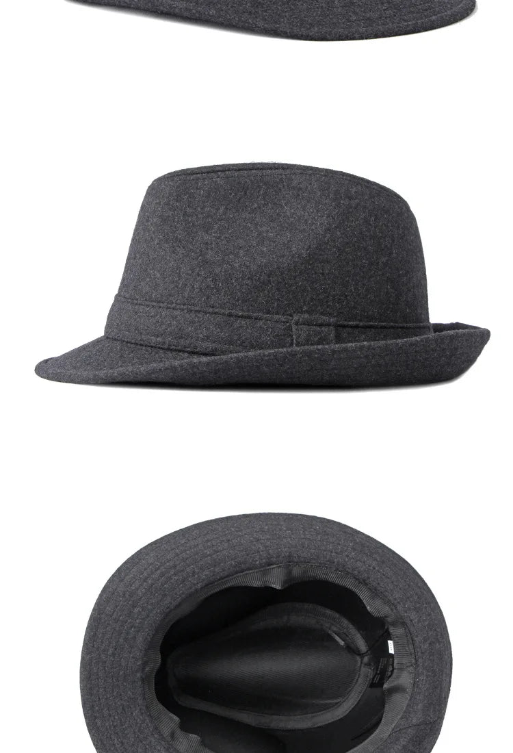 Dark grey felt fedora with a short brim, classic crown, and matching hatband, shown from the side and top.