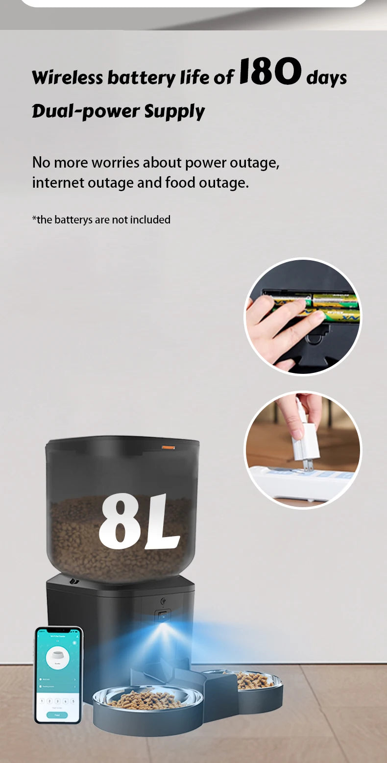 Black 8L automatic pet feeder with dual power, stainless steel bowls, and app control features.
