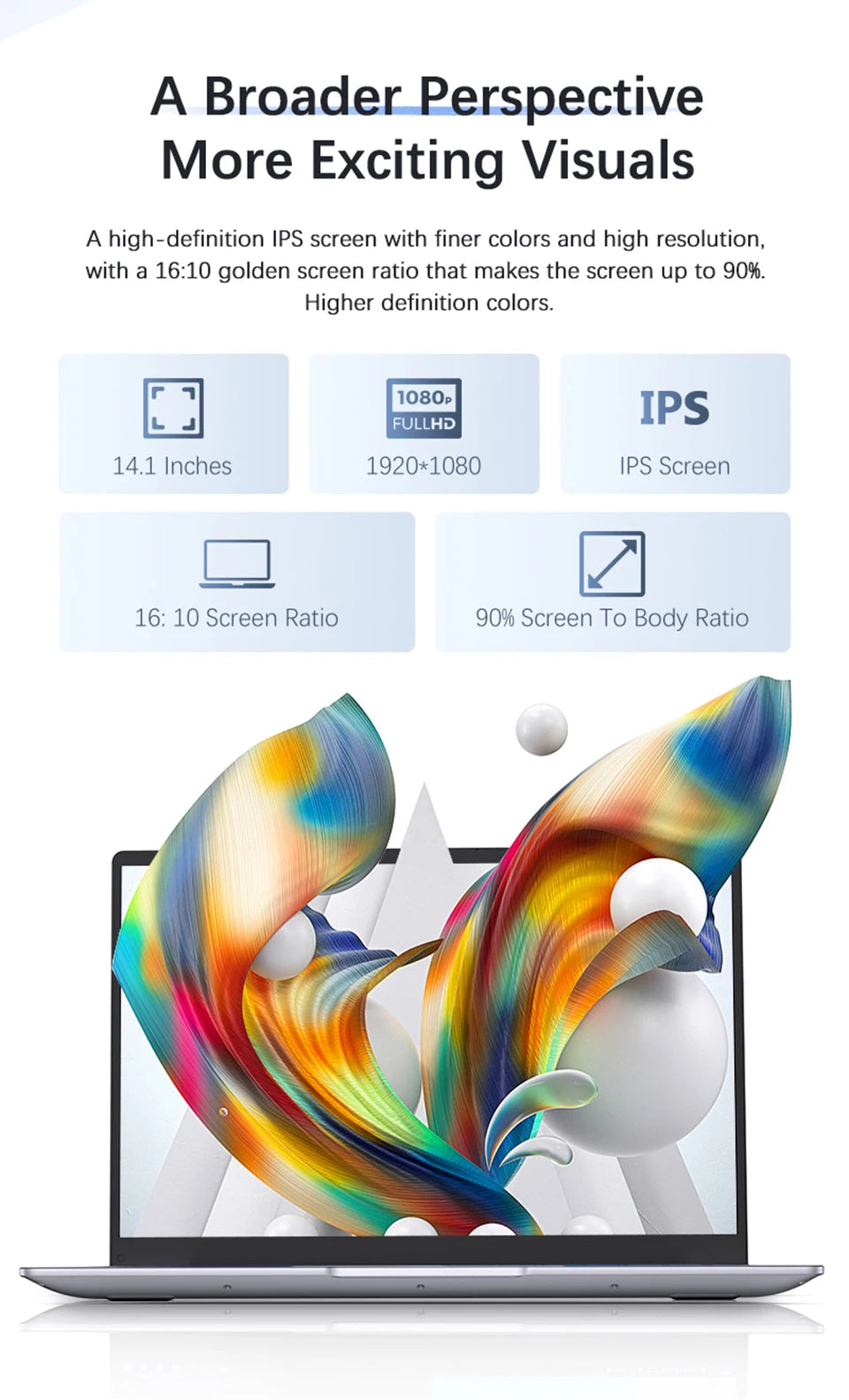 Slim grey 14.1-inch laptop with Full HD IPS display, highlighting a 16:10 aspect ratio and 90% screen-to-body ratio.