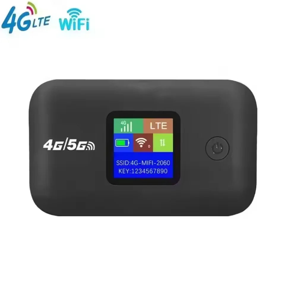 Small, black portable 4G LTE Wi-Fi router with a clear LCD status screen and side power button.