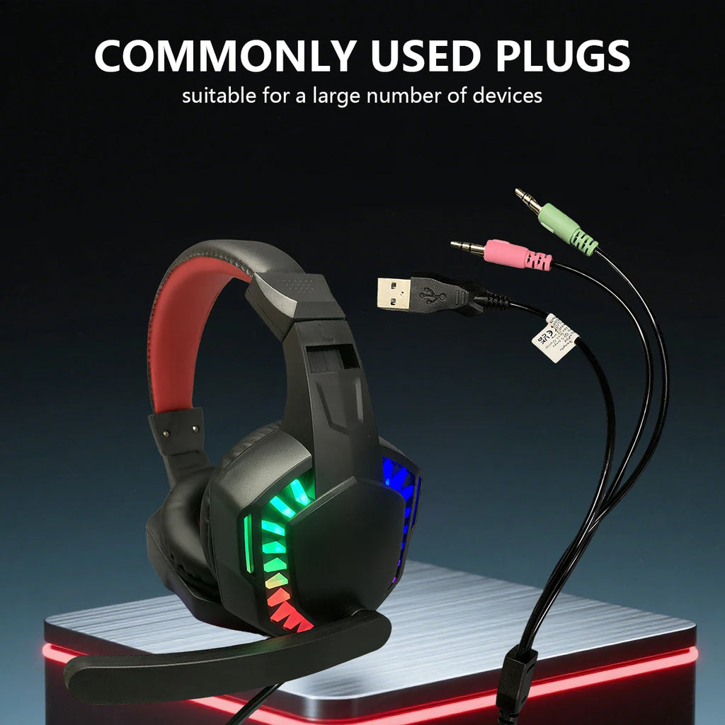 Black and red wired gaming headset with RGB lighting, a microphone, and USB, 3.5mm audio and mic jack connectors.