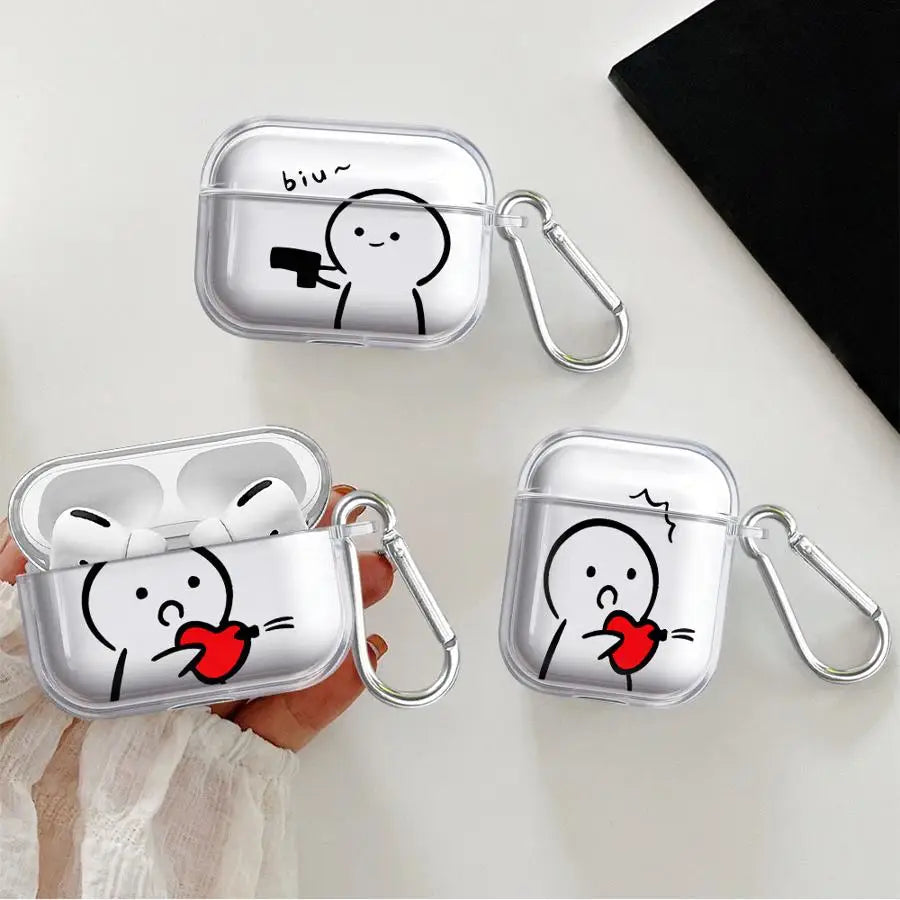 Clear TPU AirPods cases with cartoon character designs and metal carabiner clips. Compatible with Apple AirPods.