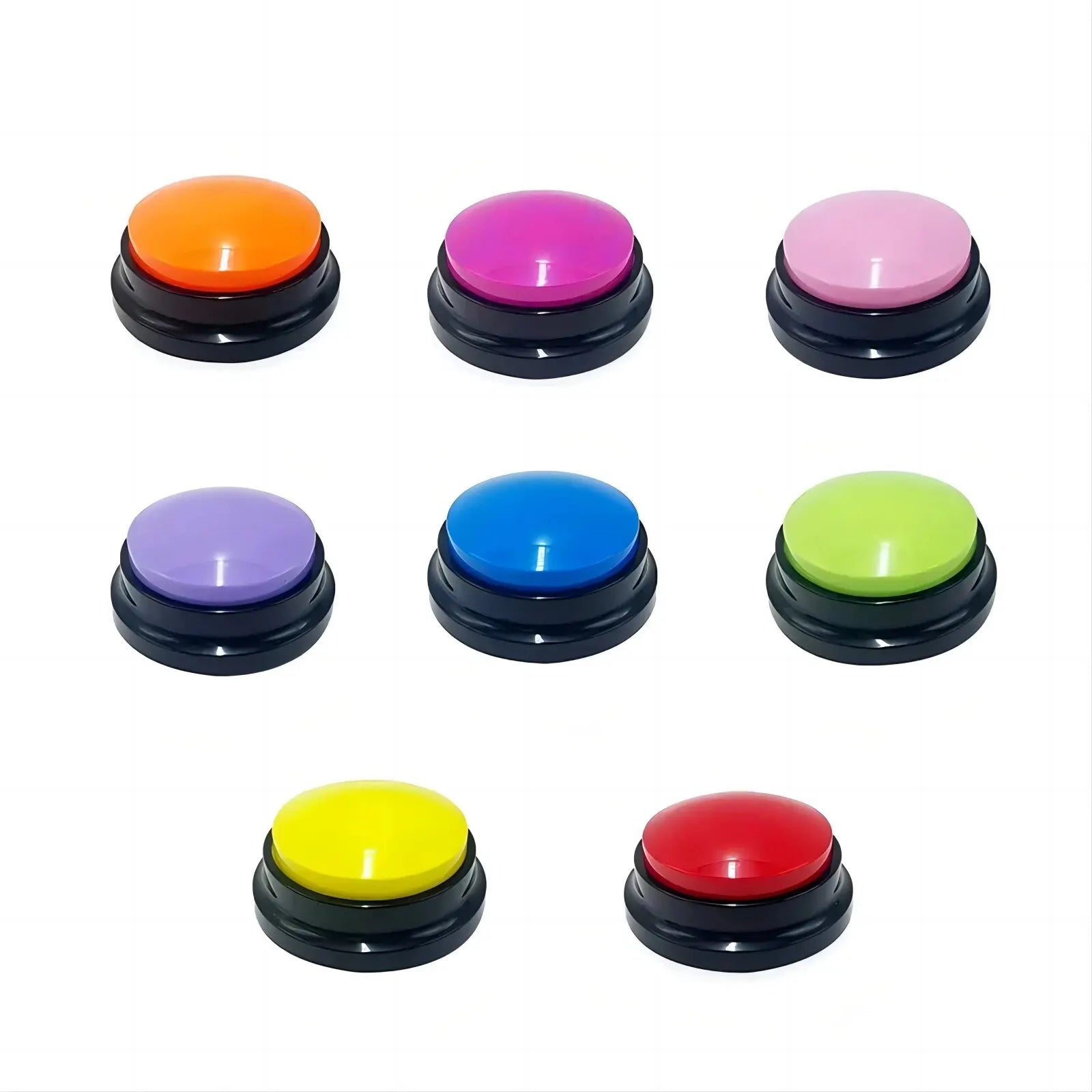 A set of eight colourful, round recordable dog training buttons with black bases, arranged on a white background.