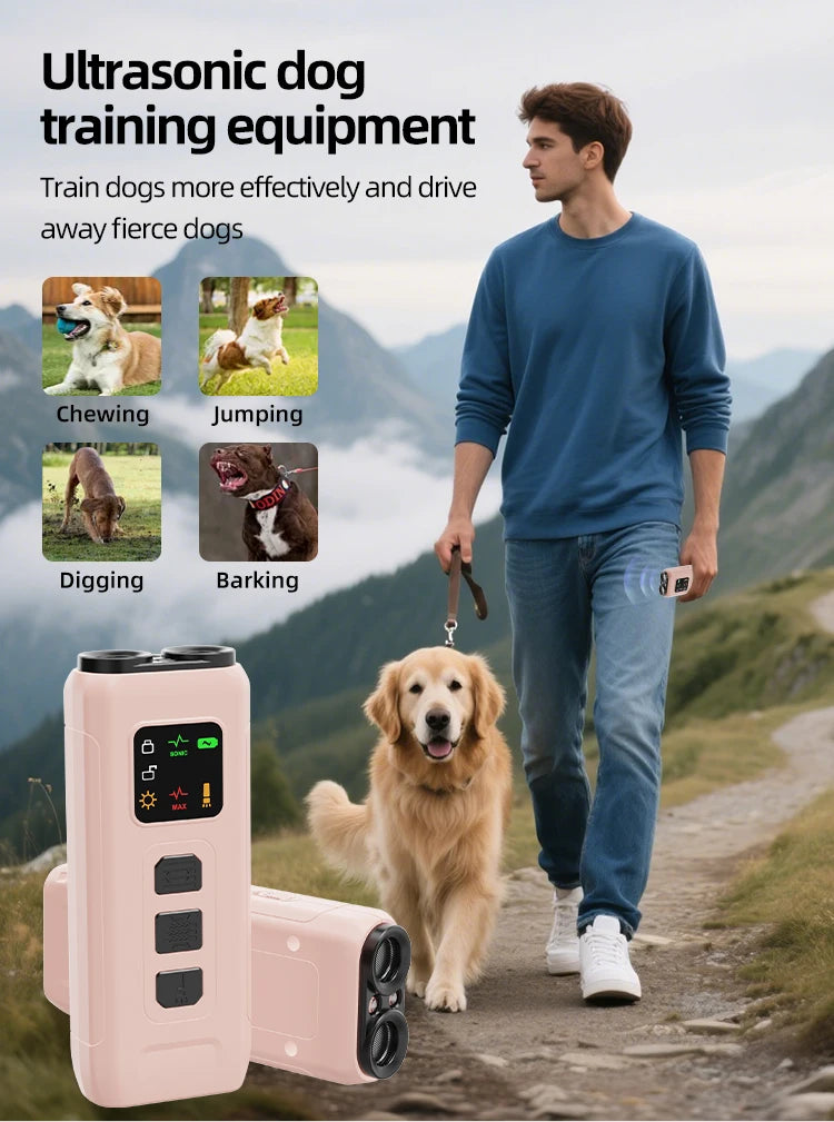 A pink, handheld rechargeable dog training device featuring an LED screen, buttons and dual strobe lights.