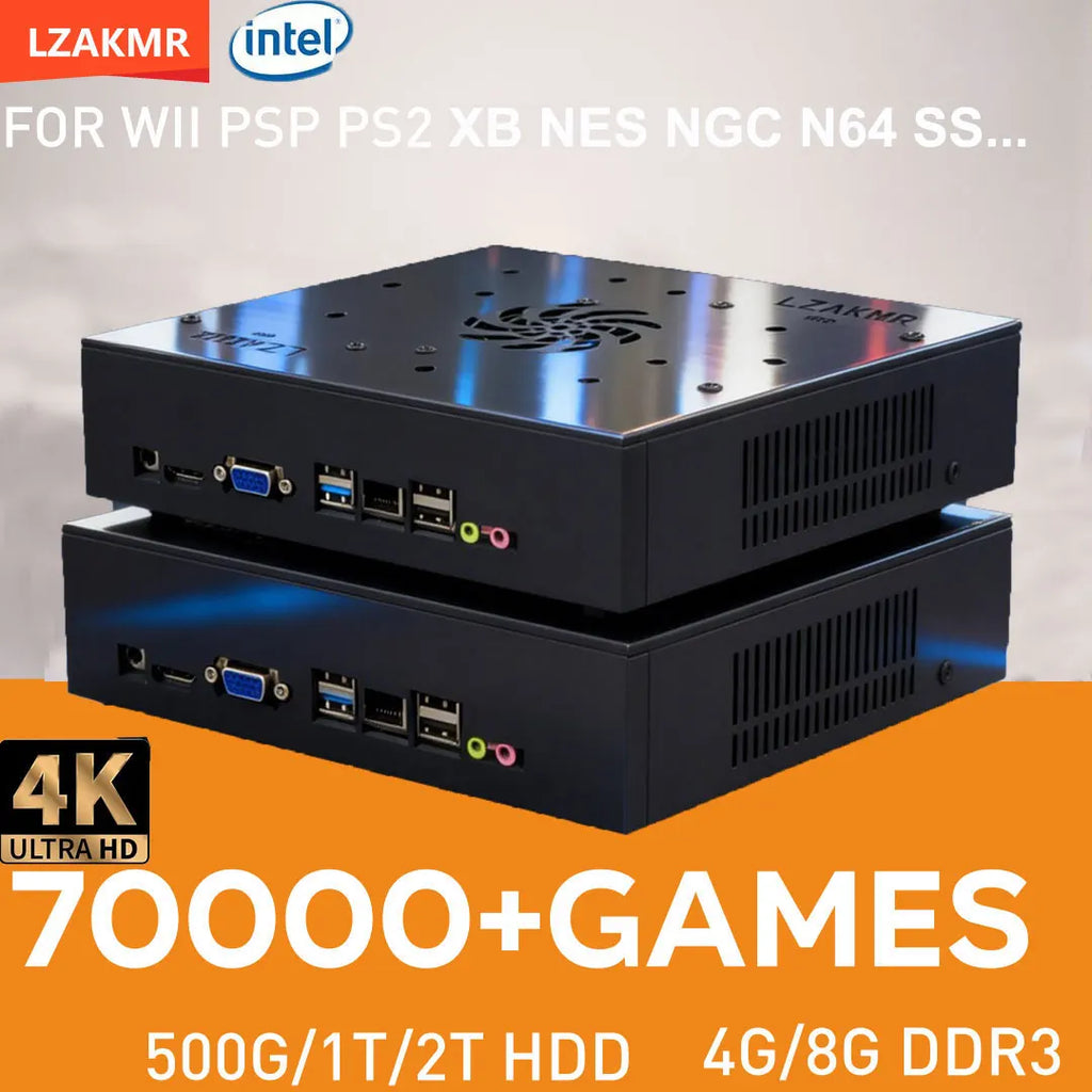 Black rectangular retro gaming console featuring top ventilation holes and front ports, stacked two high.