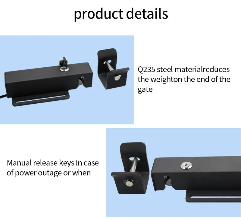 Black Q235 steel gate lock with a mounting bracket and manual release key for power outages.