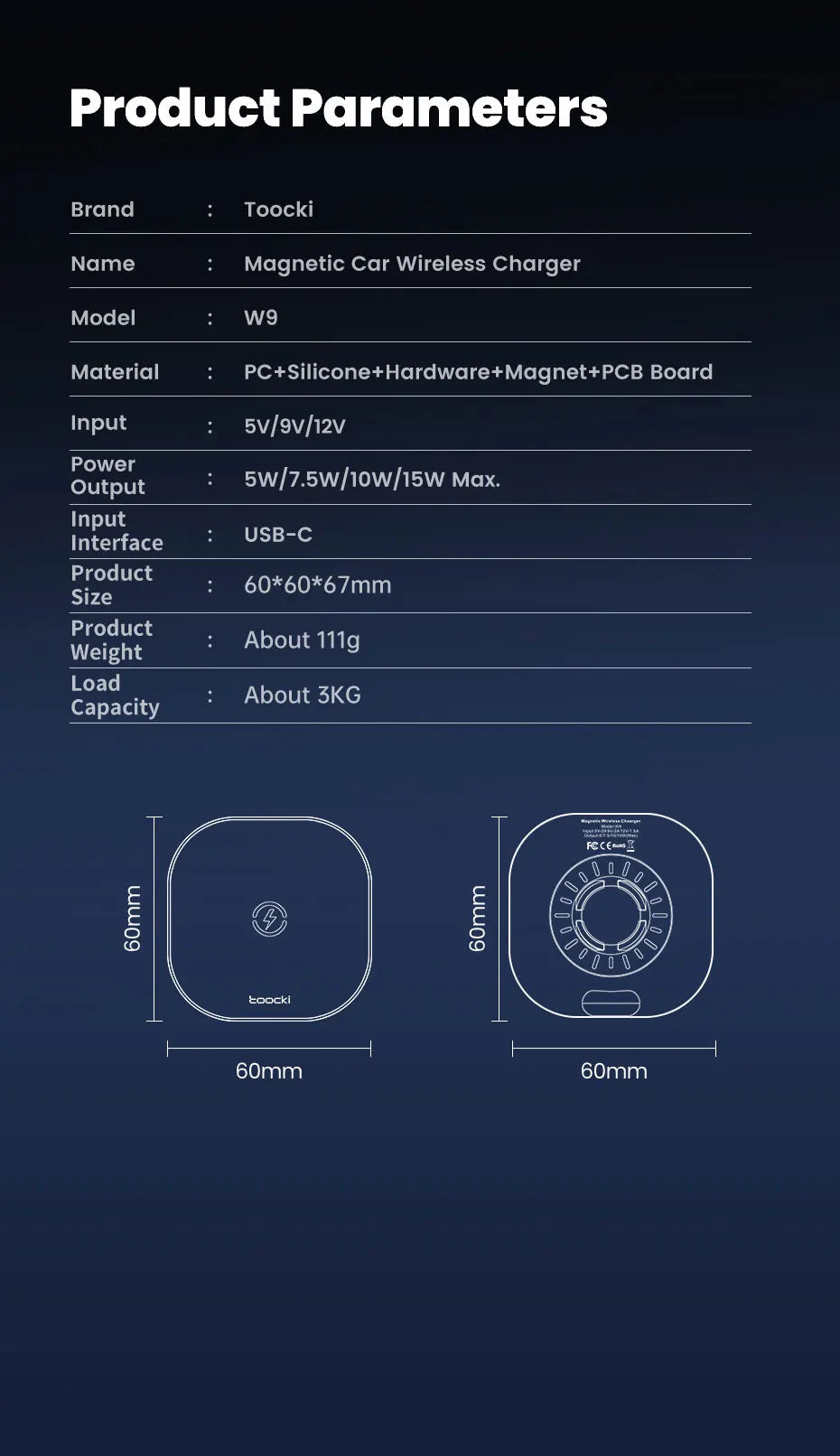 A technical specification sheet for a square, dark grey magnetic wireless car charger with dimensions and power output.