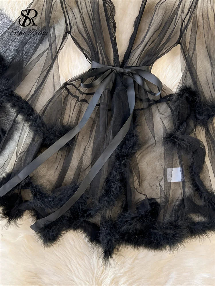 Black sheer mesh lingerie robe with long sleeves, faux-fur trim, lace trim, and a satin waist tie.