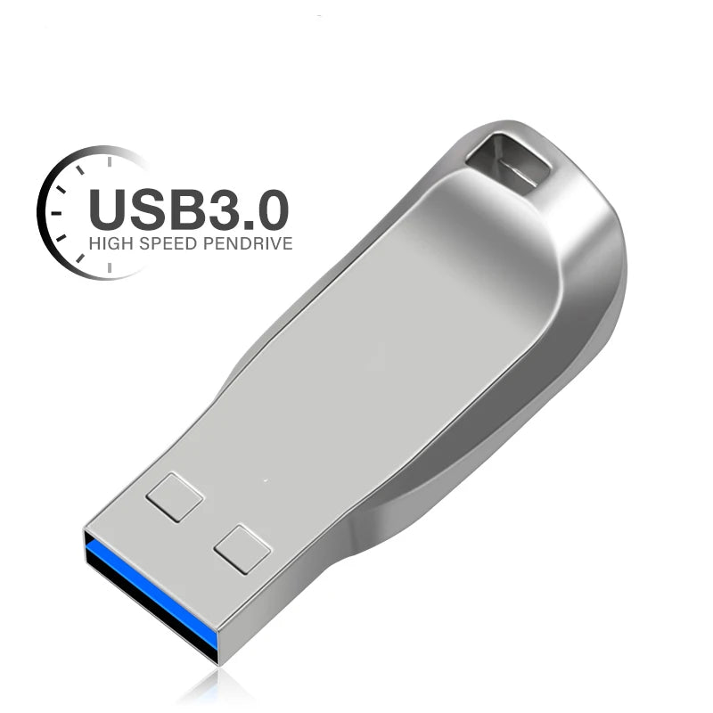 Sleek silver metal USB 3.0 flash drive with a modern, curved design and blue connector port.