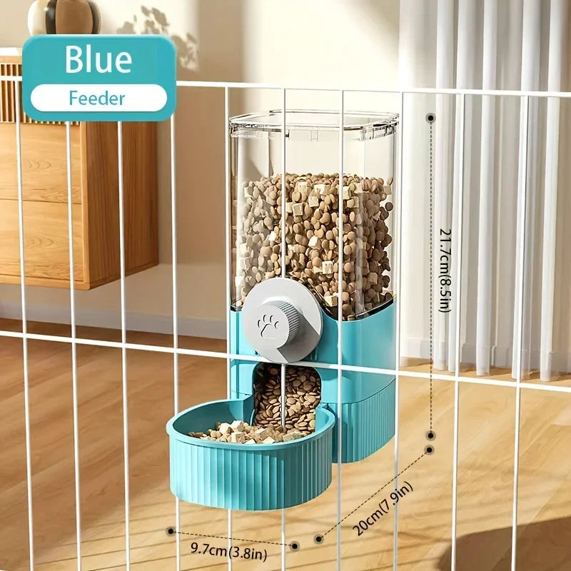 Blue cage-mounted pet feeder with a clear storage container, ribbed base, and gray paw-print dial for dispensing food.