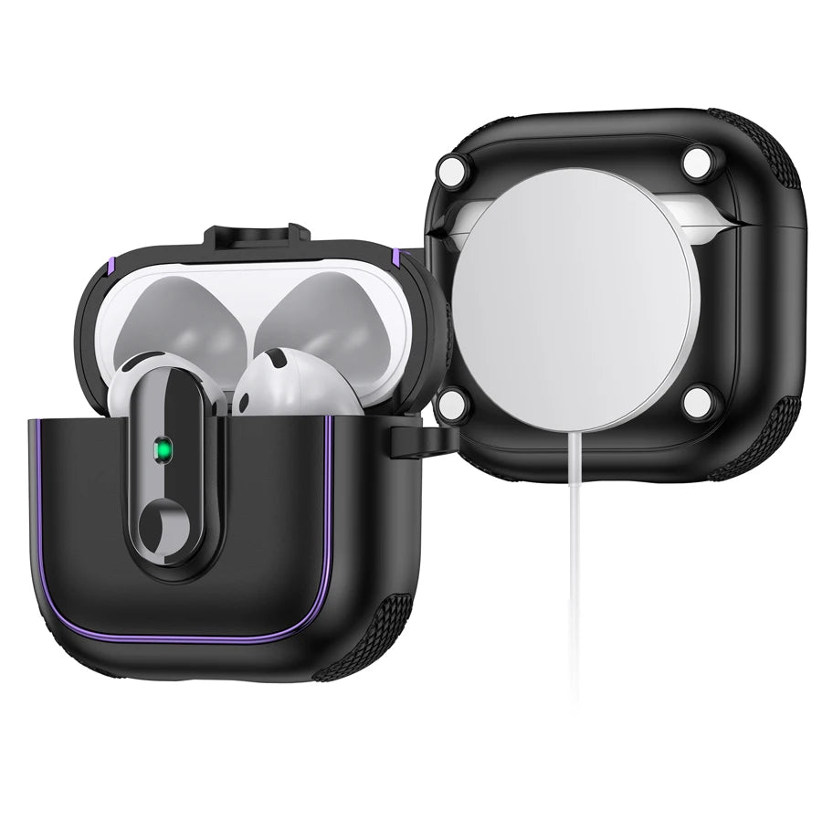 Black protective MagSafe case for AirPods Pro, featuring a textured design and purple accent trim.