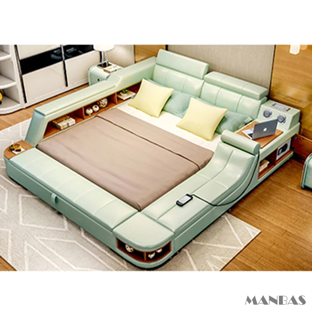 Luxury mint green leather smart bed frame featuring built-in side storage, shelving, and integrated lighting.