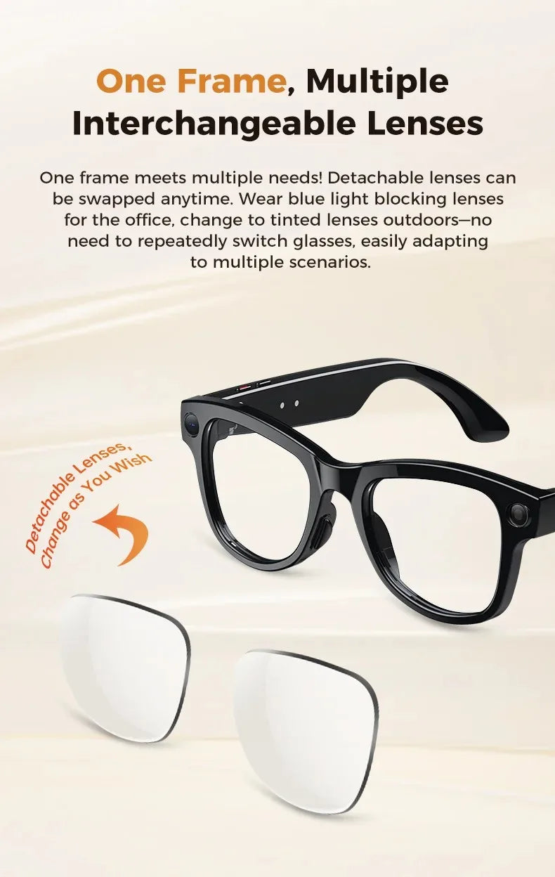 Black smart glasses with built-in cameras and detachable lenses, shown with a spare pair on a white surface.