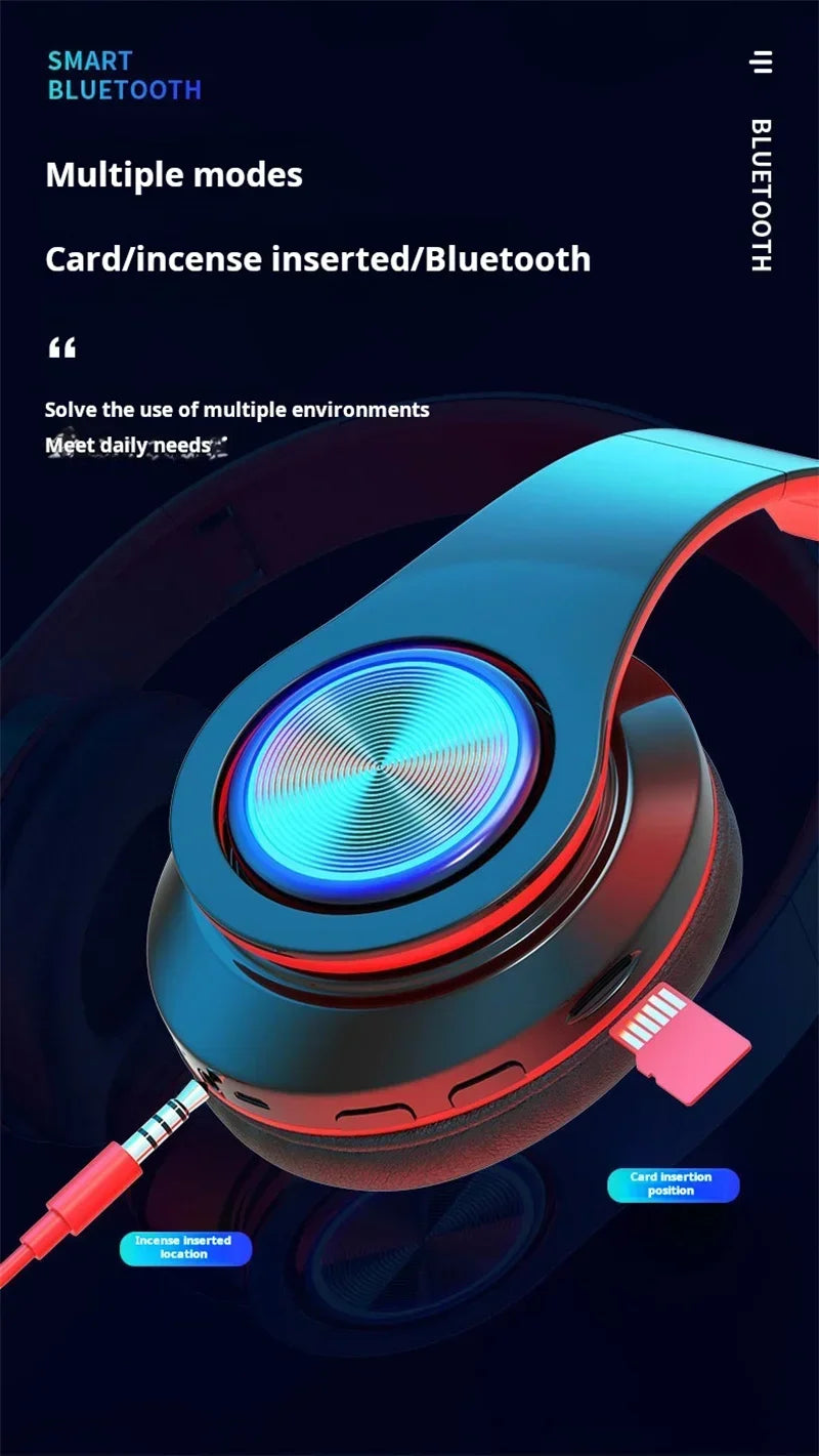 Close-up of a sleek black and red wireless gaming headset with glowing blue light detail and memory card slot.