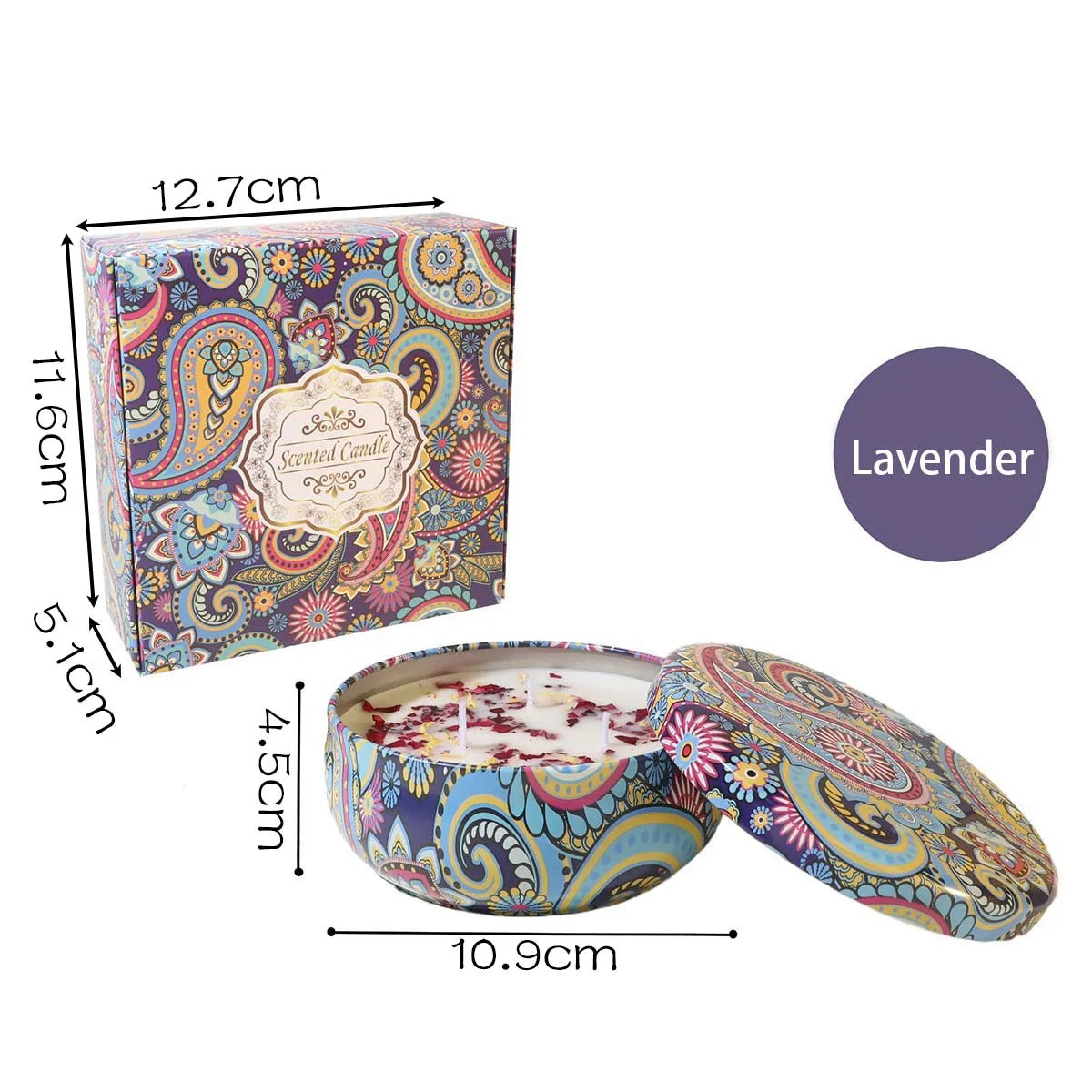 Lavender-scented candle in a colourful paisley-patterned tin with lid and gift box. Dimensions included.