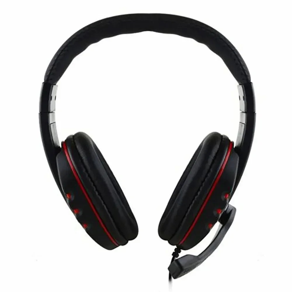 Black wired gaming headset with cushioned ear cups, red accents, and an adjustable microphone.