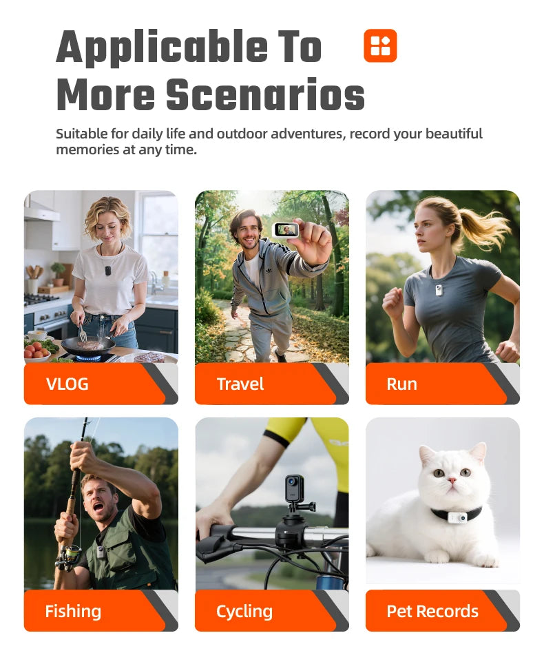 Small white wearable action camera used for vlogging, travel, running, fishing, cycling, and pet monitoring.
