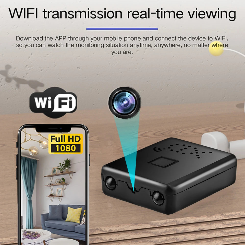 Black plastic mini security camera with WiFi connectivity for 1080p remote viewing on a smartphone.