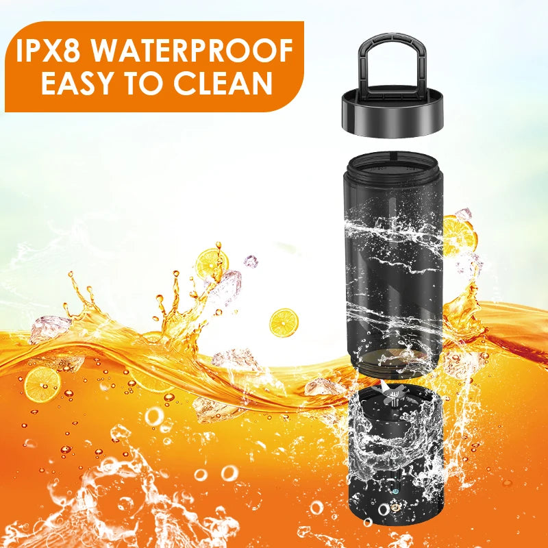 Black portable blender with a detachable lid and base, shown against a background of splashing orange juice and ice.