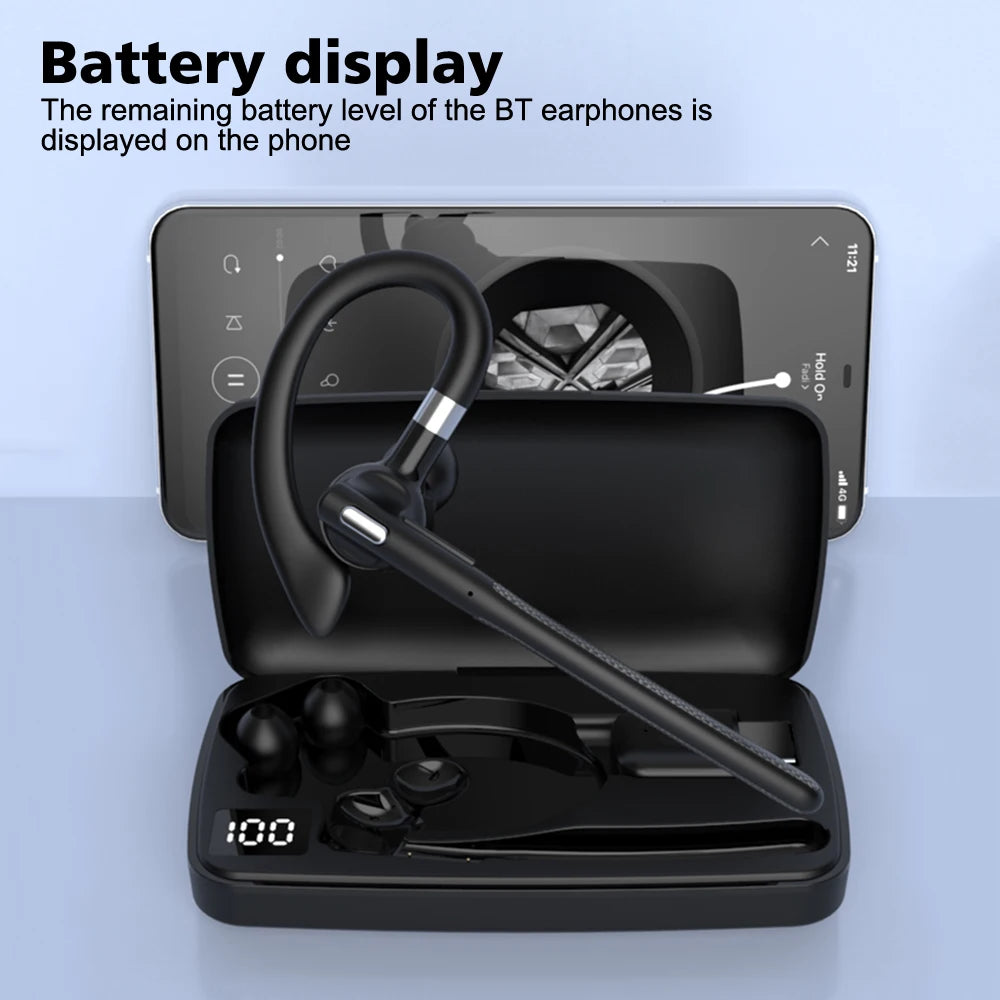 Black wireless ear hook microphone headphones in a charging case with a digital battery display.