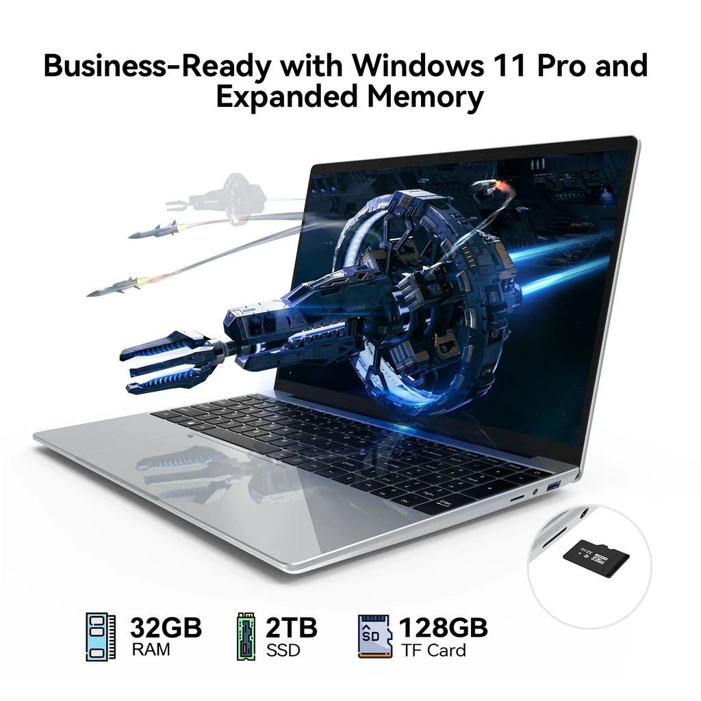 Sleek silver 15.6-inch laptop with a vibrant space display, 32GB RAM, 2TB SSD, and expandable TF card storage.