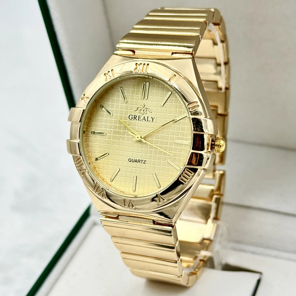 Gold luxury quartz wristwatch with textured dial, roman numerals on bezel, and a linked metal band.