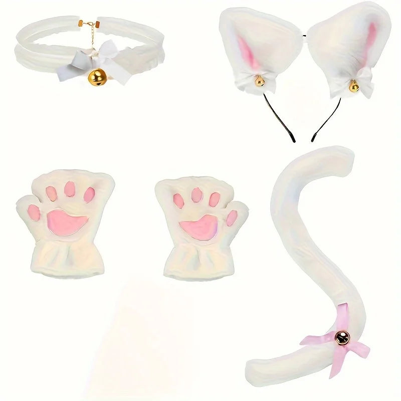 Five-piece white cat costume set with pink accents, including paw gloves, a bell headband, collar, and tail.
