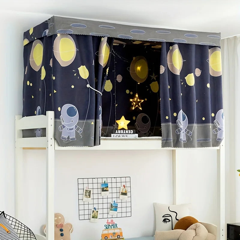 Dark blue space-themed blackout bed curtain with astronaut and planet print, fitted to a white bunk bed frame.