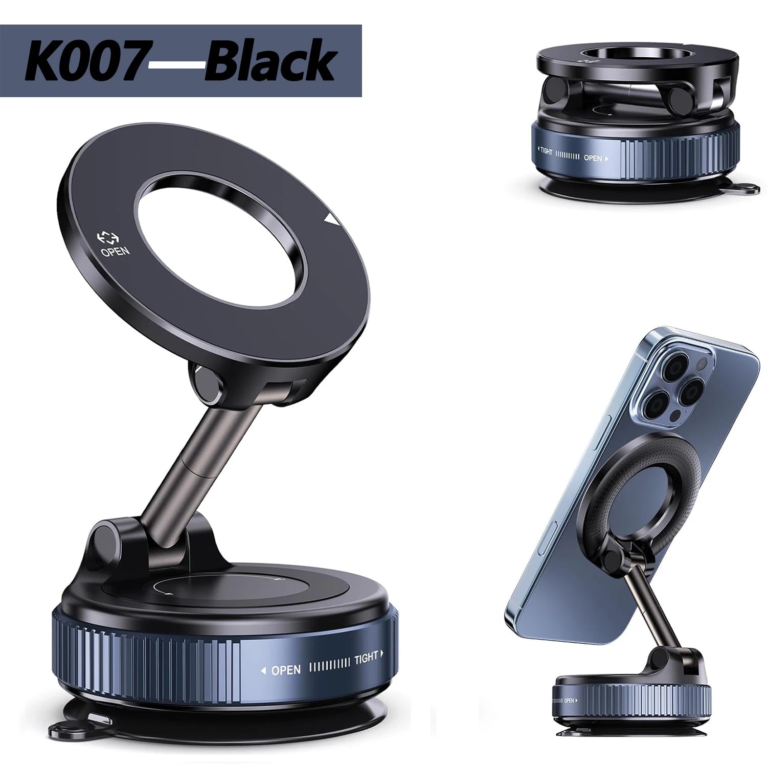 Black foldable magnetic phone mount with a sturdy circular base, adjustable arm, and ring-style phone grip.
