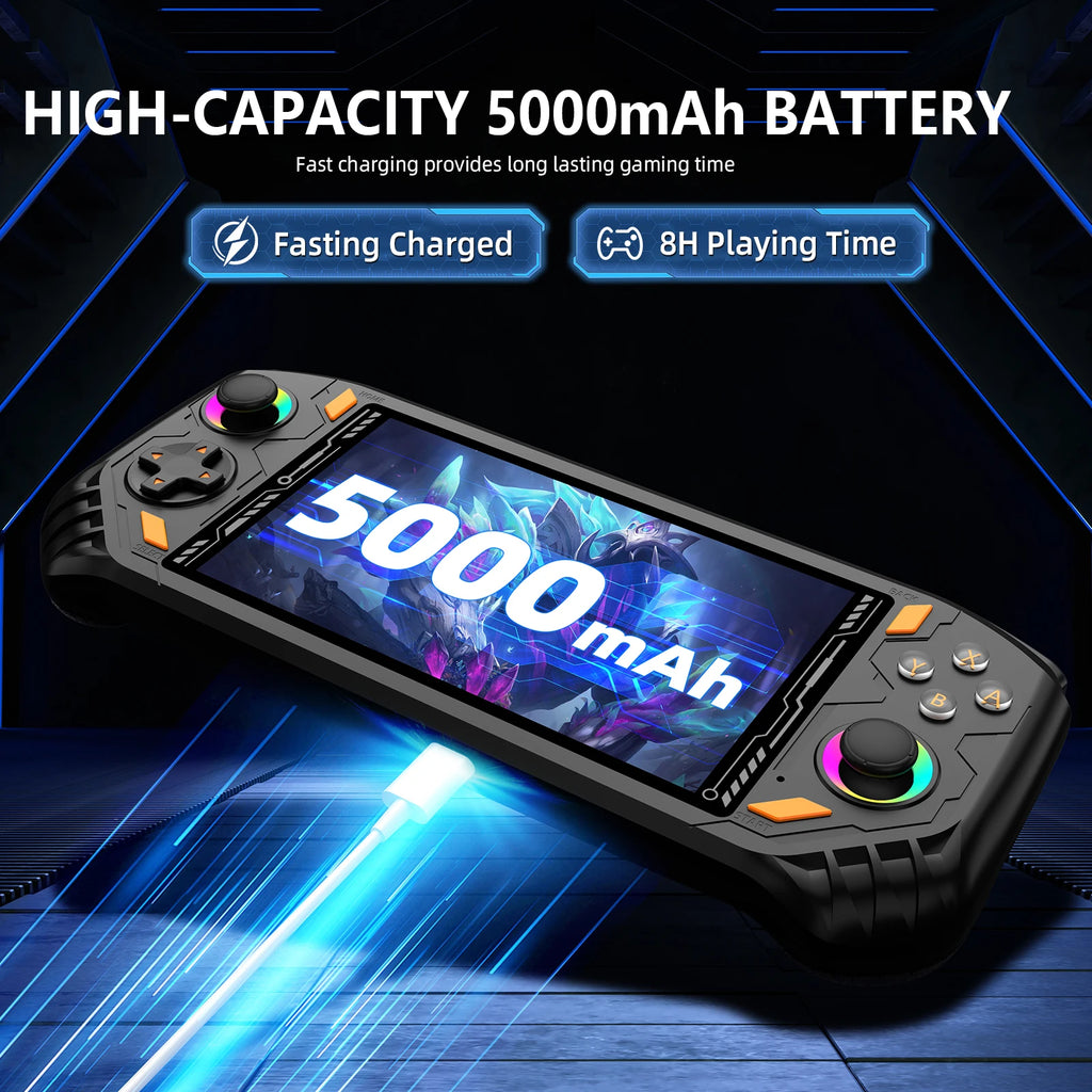 Black RG52 handheld game console with 5.5-inch IPS screen, dual joysticks, action buttons, and charging cable.