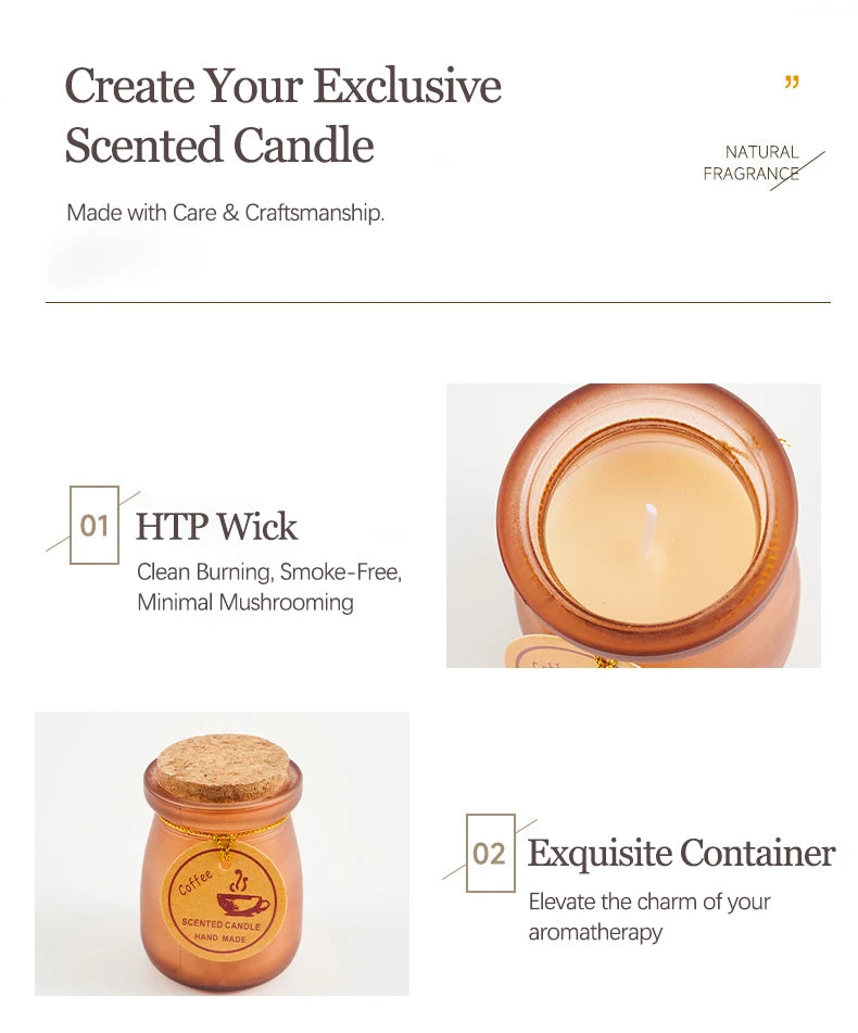 Scented coffee candle in a frosted amber glass jar with a cork lid and a round paper label.