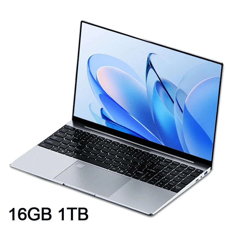 Sleek silver 15.6-inch laptop with a slim-bezel display, black keyboard, and large touchpad.