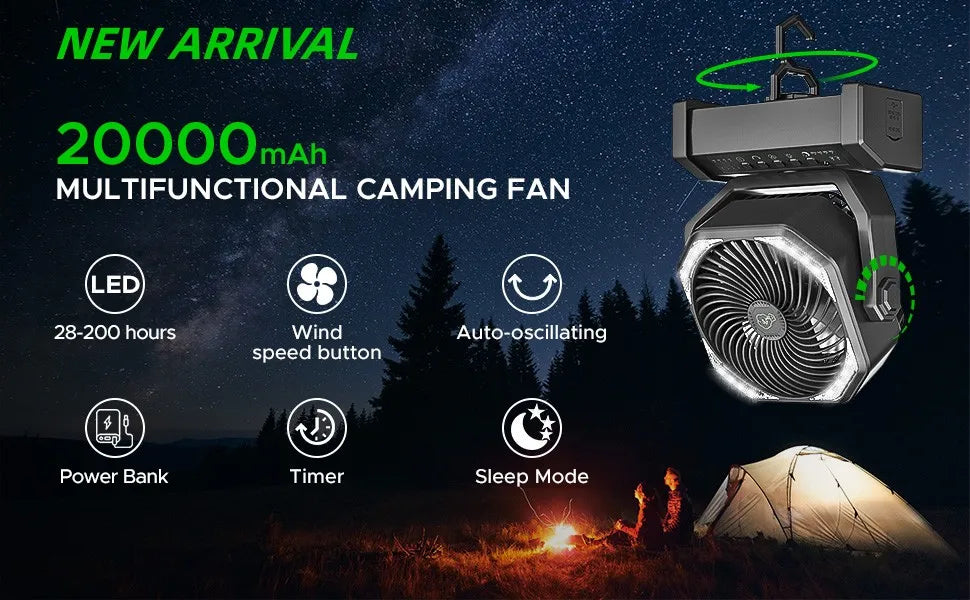 Black, modern, oscillating camping fan with LED lights and hanging hook, shown against a night forest background.