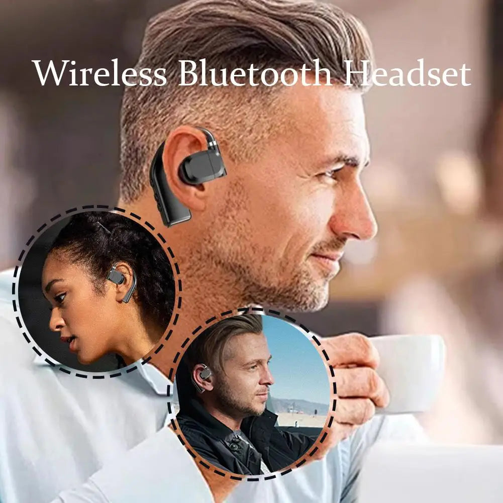 Black wireless ear-hook Bluetooth headset worn by diverse individuals, featuring a sleek, ergonomic design.