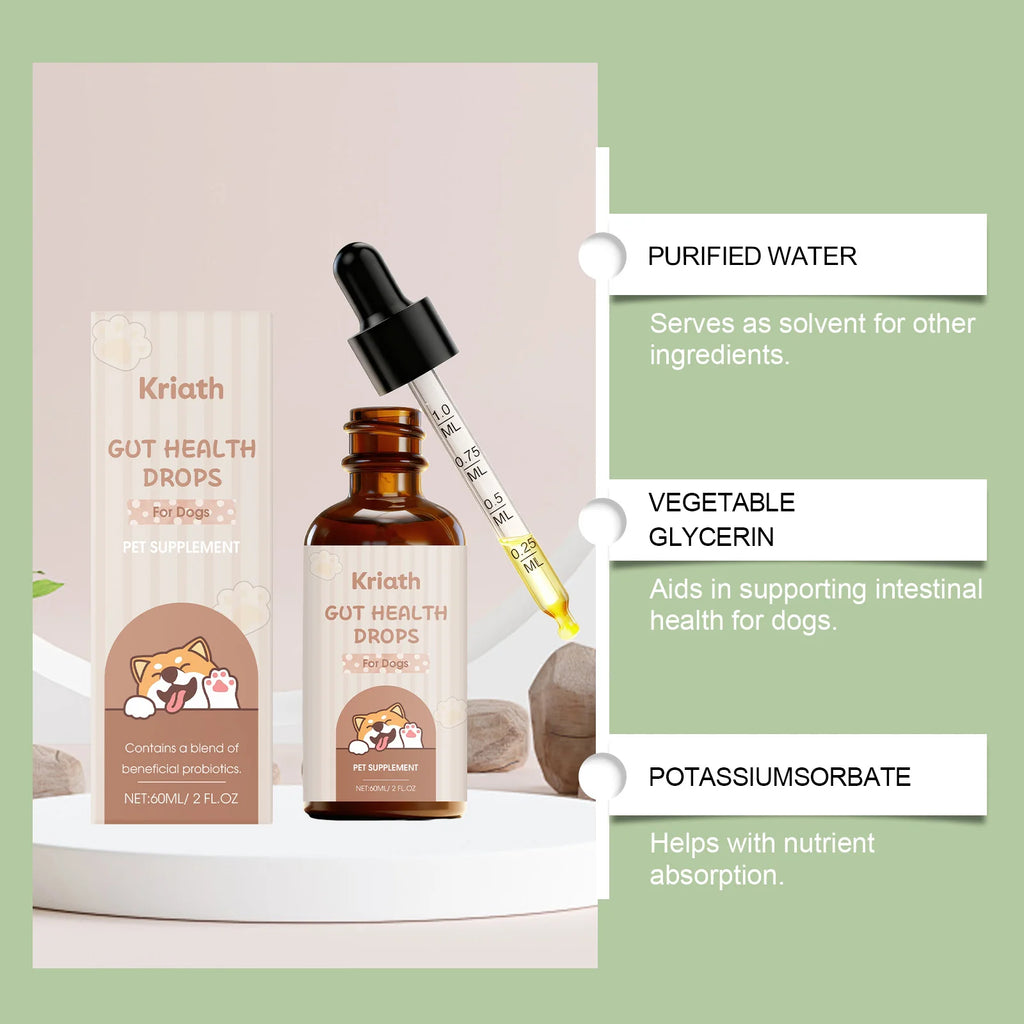 Amber glass bottle of gut health drops for dogs with a measured dropper, shown with product box and ingredient list.