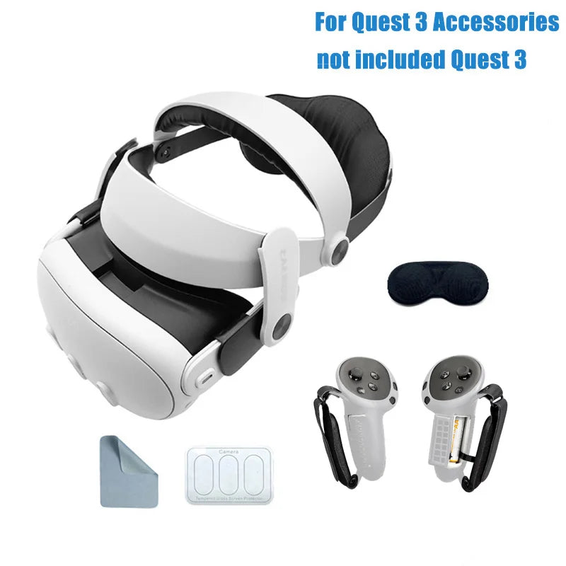 White adjustable halo head strap for Meta Quest 3, including controllers, lens cover, and protective accessories.