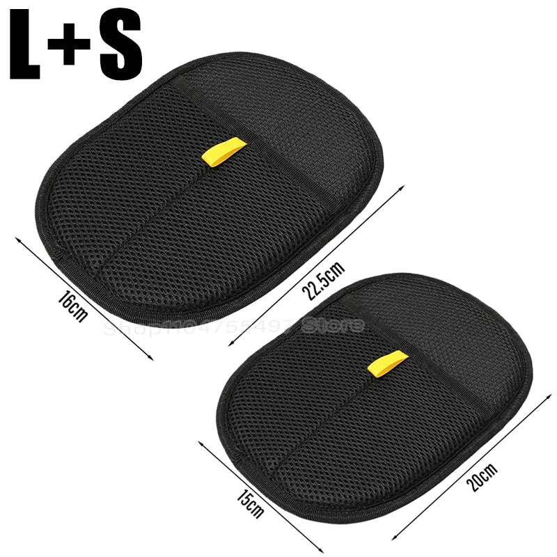 Two black oval mesh storage pockets with yellow pull tabs, shown with measurements for large and small sizes.