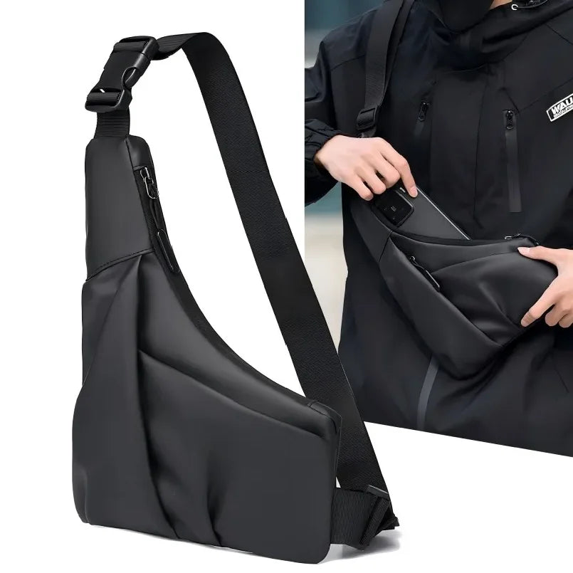 Black anti-theft triangle crossbody chest bag with adjustable strap and zipped storage, worn over the shoulder.