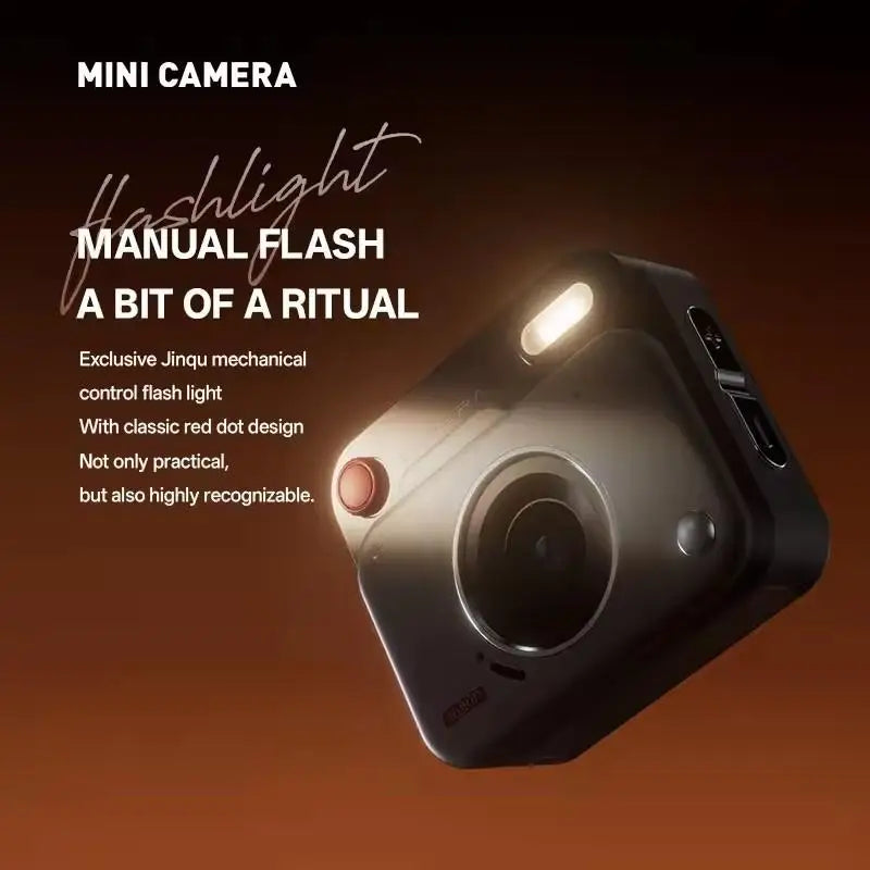 Black matte mini digital camera with a single red button and integrated manual flash light.