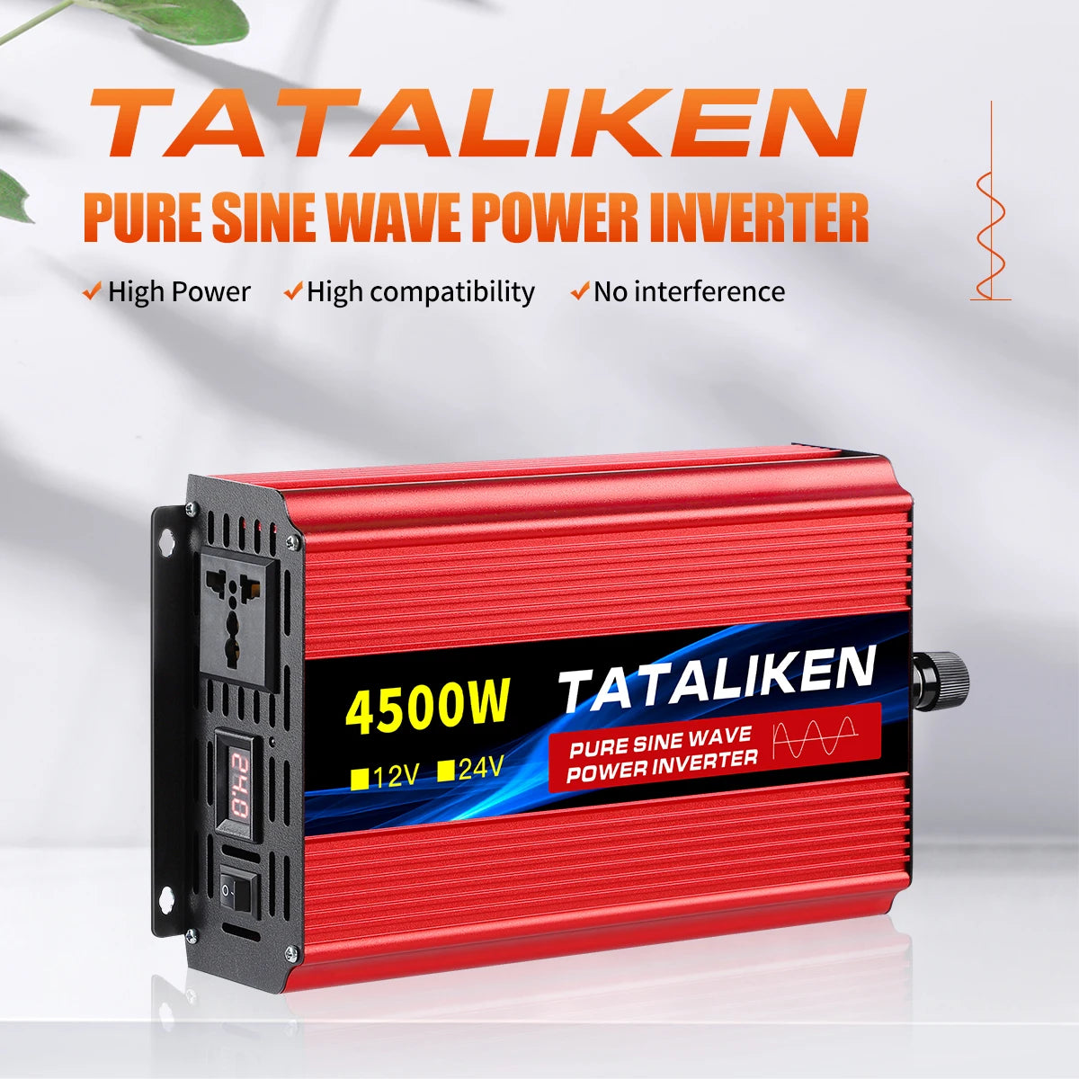 Red 4500W pure sine wave power inverter with a digital display, black metal end panels, and universal AC outlet.