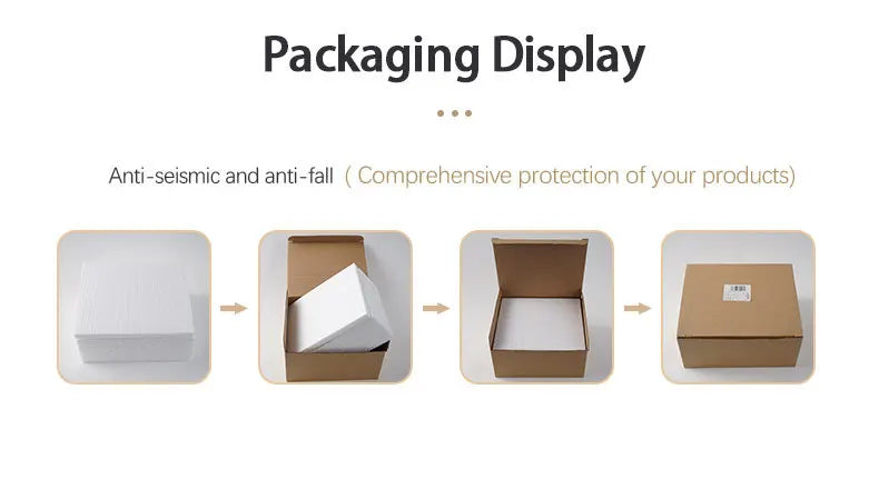 Protective packaging process: showing white foam inserts being placed into a sturdy cardboard box for secure shipping.