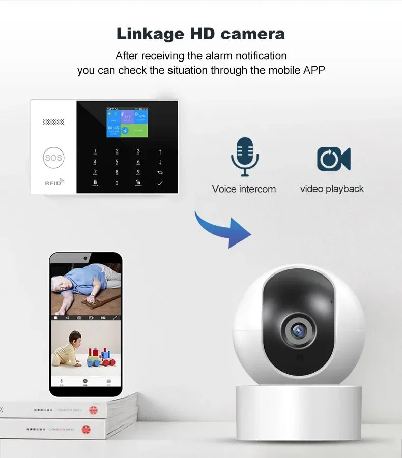Wireless alarm control panel with touchscreen, mobile app integration, voice intercom, and HD smart home security camera.