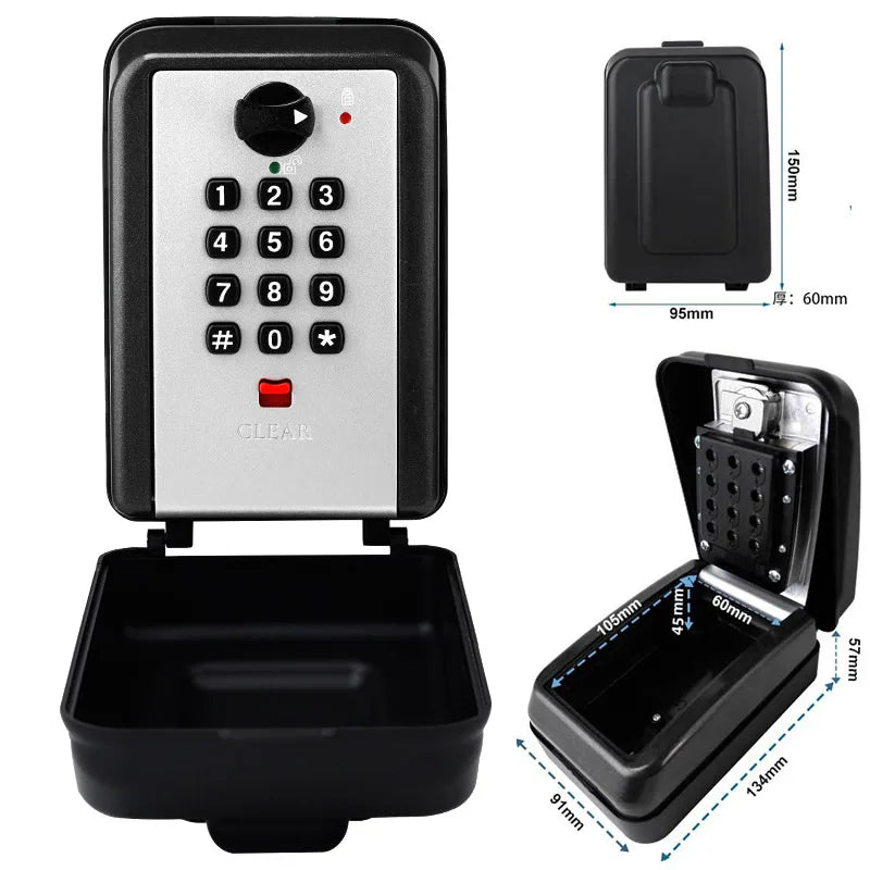 Black metal wall-mounted key lock box with silver keypad, numeric buttons, and dimensions labeled in millimeters.