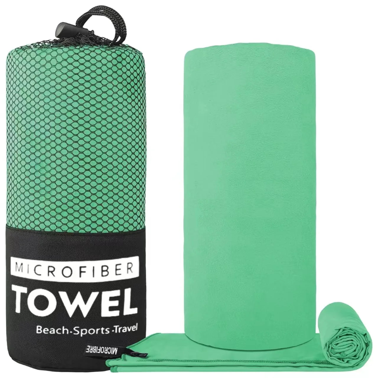 A mint green microfibre travel towel, shown rolled up in its black mesh carry bag and unfolded.