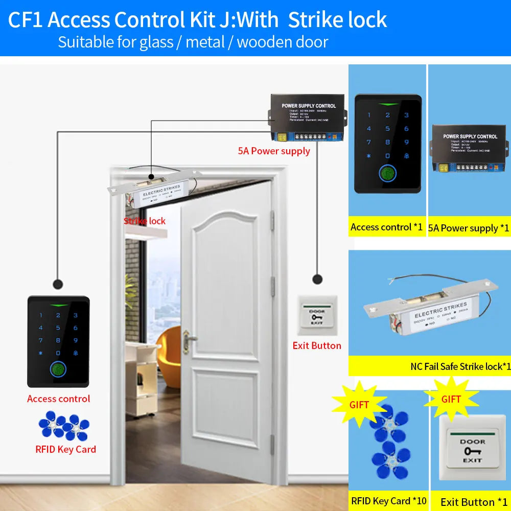 Black access control kit with metal electric strike lock, power supply, exit button, and 10 blue RFID key cards.