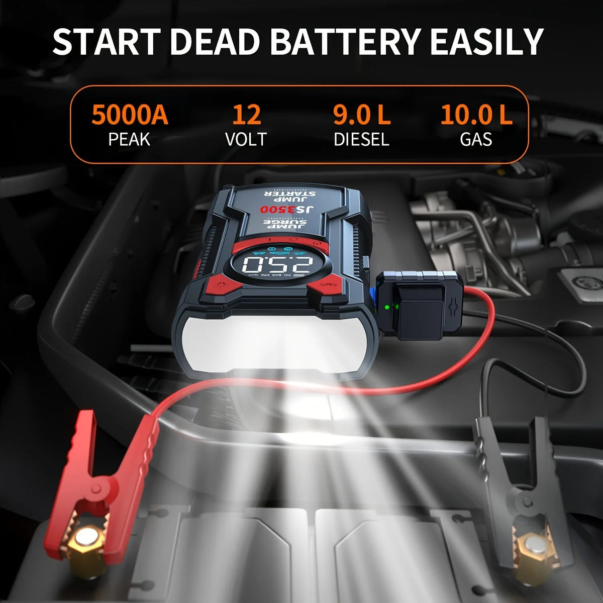 Black PAIVIROKU car jump starter with bright LED flashlight, digital display, and connected red and black clamps.
