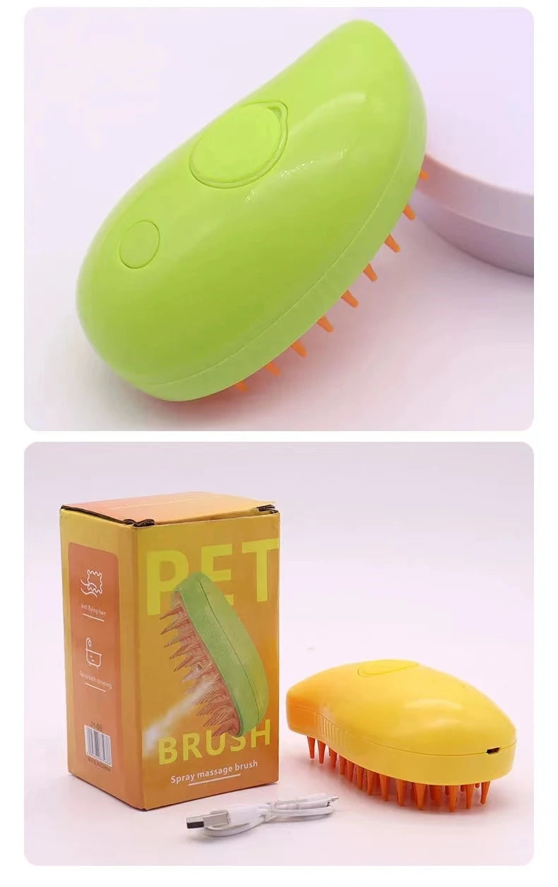 Lime green and yellow electric pet spray massage brushes with orange rubber bristles, shown with packaging and cable.
