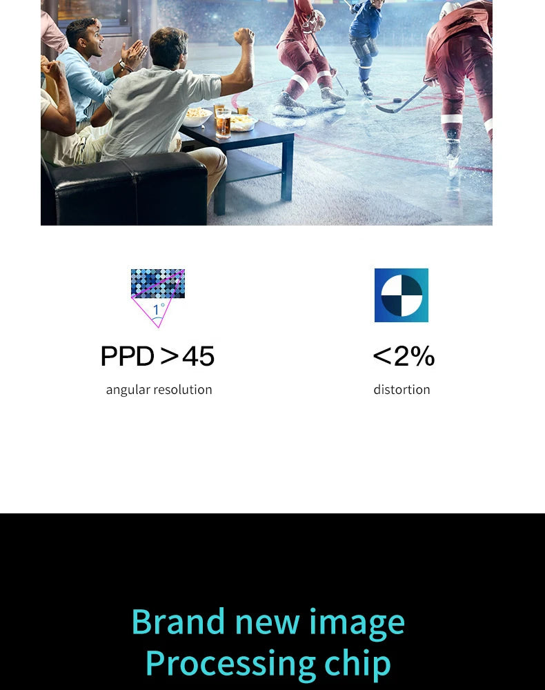 People watching ice hockey through a VR headset, highlighting high angular resolution and low image distortion.