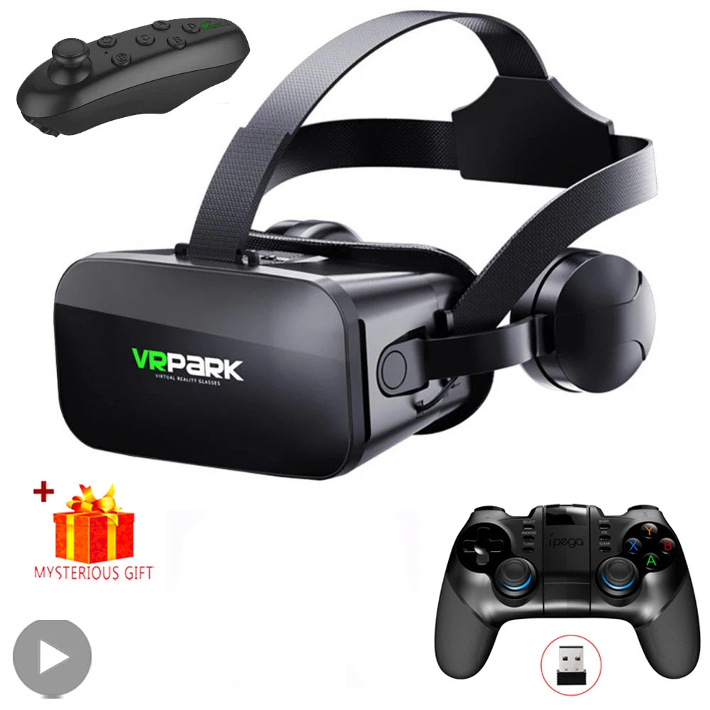 Black VRPARK virtual reality headset with built-in headphones, adjustable straps, and two game controllers.